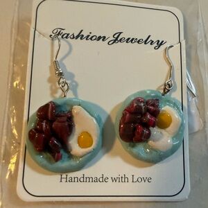 Handmade Polymer Clay Bacon & Eggs Dangle Earrings Hand Sculptured Quarter Size
